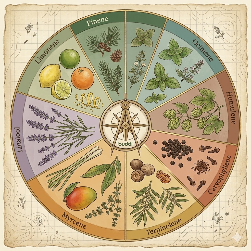 buddi terpene wheel showing common cannabis terpene families.